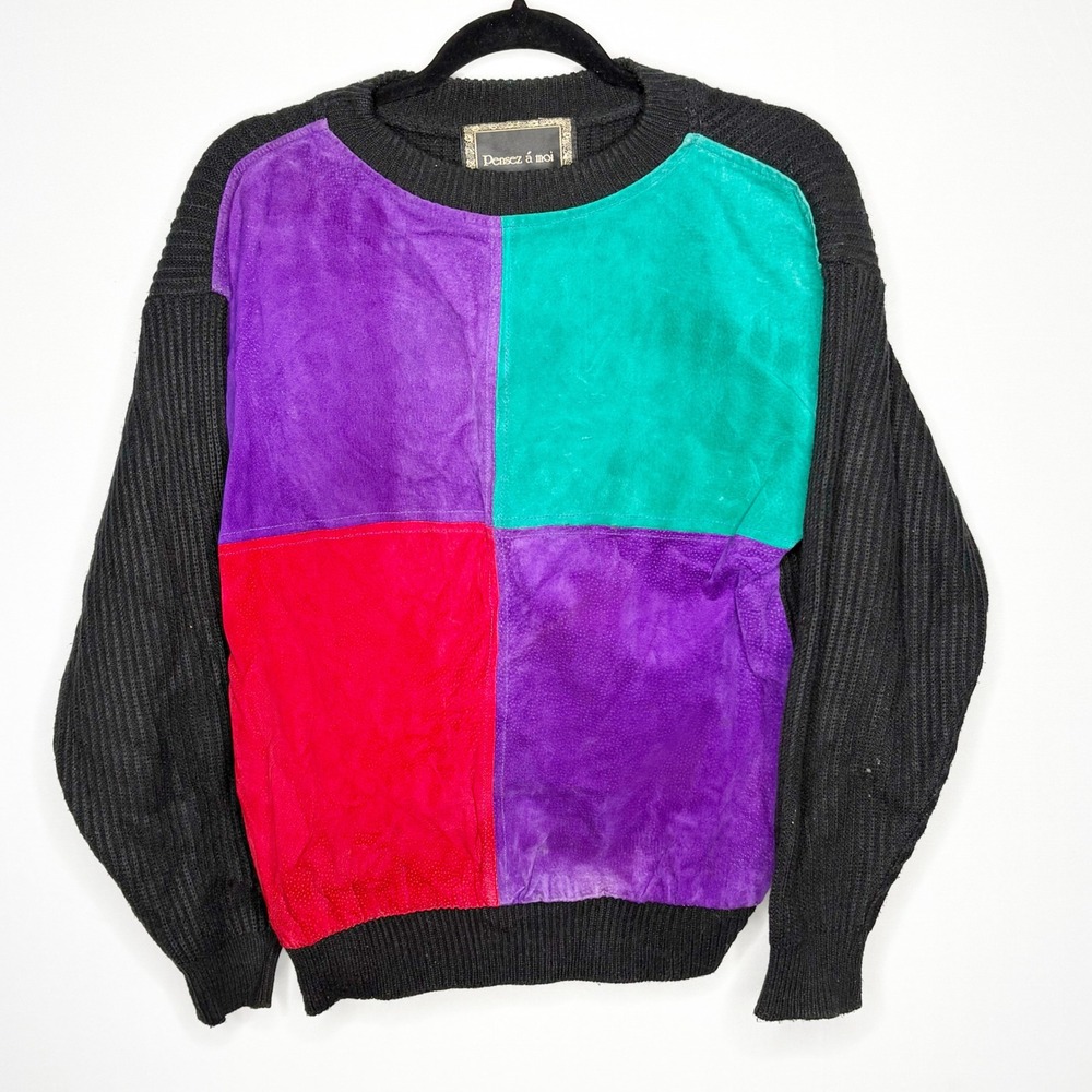 Mens Vintage Suede Patchwork Colorblock Ribbed Knit Sweater Large